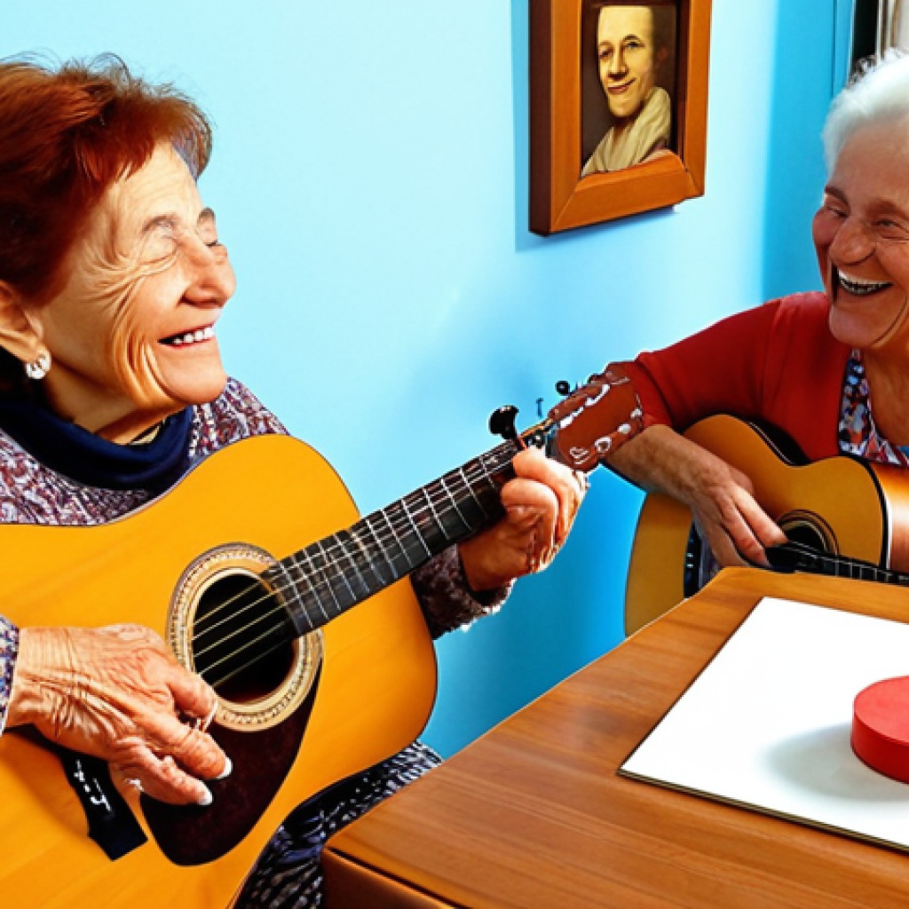 **A music therapy session with Dona Maria:** An elderly woman smiling and tapping on a table, accompanied by a music therapist playing a simple, joyful tune on an acoustic guitar. The scene should convey warmth, connection, and the rediscovery of childhood memories.