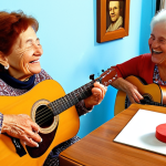 **A music therapy session with Dona Maria:** An elderly woman smiling and tapping on a table, accompanied by a music therapist playing a simple, joyful tune on an acoustic guitar. The scene should convey warmth, connection, and the rediscovery of childhood memories.