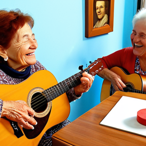 Home 11 **A music therapy session with Dona Maria:** An elderly woman smiling and tapping on a table, accompanied by a music therapist playing a simple, joyful tune on an acoustic guitar. The scene should convey warmth, connection, and the rediscovery of childhood memories.