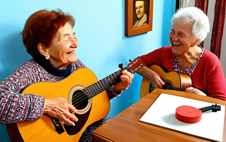 **A music therapy session with Dona Maria:** An elderly woman smiling and tapping on a table, accompanied by a music therapist playing a simple, joyful tune on an acoustic guitar. The scene should convey warmth, connection, and the rediscovery of childhood memories.