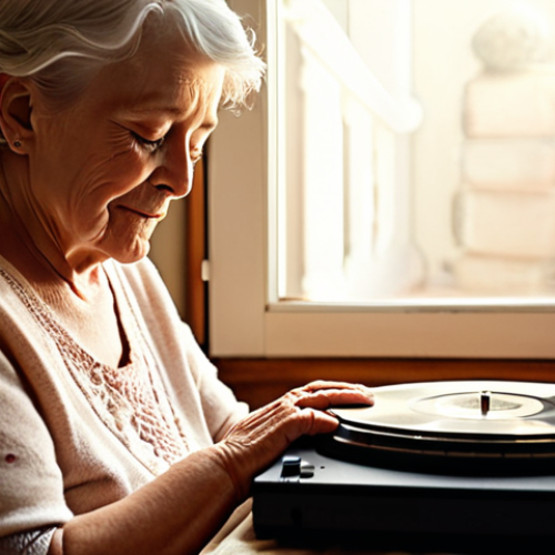 Home 6 **Elderly woman with Alzheimer's listening to music:** A serene portrait of an elderly woman with Alzheimer's disease, eyes closed, listening to vintage music on a record player. Soft, warm lighting, evoking feelings of nostalgia and joy. Focus on her peaceful expression and the comforting atmosphere.