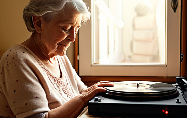 **Elderly woman with Alzheimer's listening to music:** A serene portrait of an elderly woman with Alzheimer's disease, eyes closed, listening to vintage music on a record player. Soft, warm lighting, evoking feelings of nostalgia and joy. Focus on her peaceful expression and the comforting atmosphere.