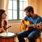 **

A music therapist and a patient in a cozy, warmly lit room filled with various musical instruments (guitar, drums, xylophone). The patient is expressively improvising on a drum while the therapist listens attentively with a supportive and empathetic expression. Focus on the emotional connection and safe therapeutic environment.

**
