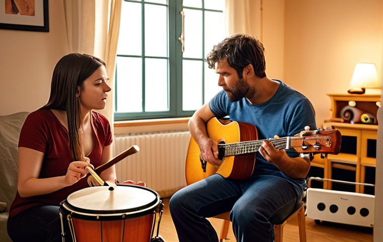 **
A music therapist and a patient in a cozy, warmly lit room filled with various musical instruments (guitar, drums, xylophone). The patient is expressively improvising on a drum while the therapist listens attentively with a supportive and empathetic expression. Focus on the emotional connection and safe therapeutic environment.
**