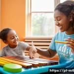 음악테라피사 전문가 커리어 개발 - A compassionate female music therapist, gently smiling, plays a small, colorful xylophone with a you...