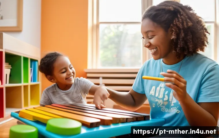 음악테라피사 전문가 커리어 개발 - A compassionate female music therapist, gently smiling, plays a small, colorful xylophone with a you...