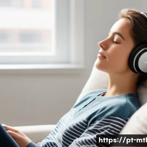 Home 11 음악테라피사 치료 방식 - A serene and introspective moment of a young adult experiencing receptive music therapy. The individ...