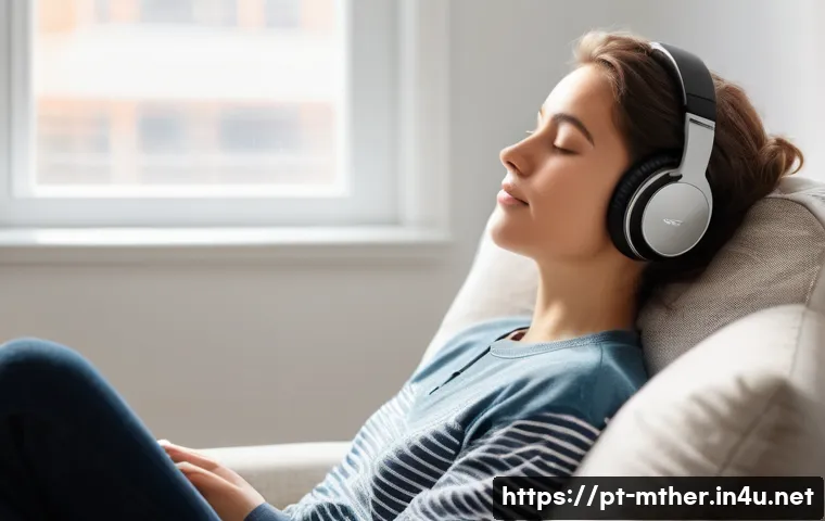 음악테라피사 치료 방식 - A serene and introspective moment of a young adult experiencing receptive music therapy. The individ...