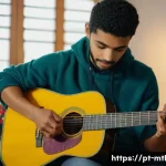 음악테라피사 실기 - A focused young adult music therapist practicing guitar and light percussion in a cozy, well-lit hom...