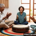 Home 22 음악테라피사 환자 사례 - A warm and inviting music therapy session in a cozy, softly lit room in Brazil, featuring a middle-a...