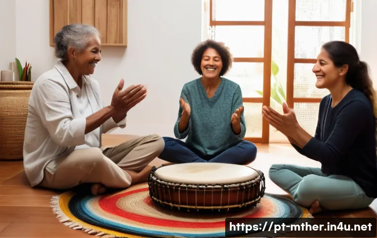 음악테라피사 환자 사례 - A warm and inviting music therapy session in a cozy, softly lit room in Brazil, featuring a middle-a...