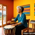Home 21 음악테라피사 상담 이론 - A serene music therapy session in a bright, modern therapy room in Brazil, featuring a diverse middl...