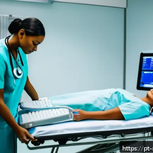 Home 32 음악테라피사 응급처치 - A serene hospital emergency room scene where a calm female patient in modest hospital attire lies on...