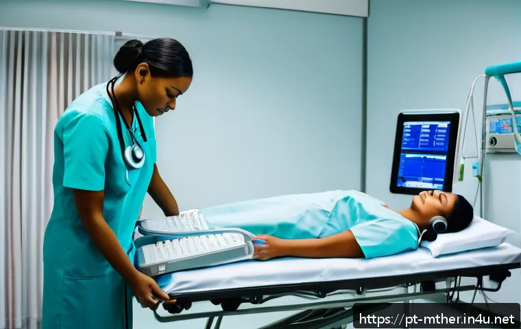 음악테라피사 응급처치 - A serene hospital emergency room scene where a calm female patient in modest hospital attire lies on...