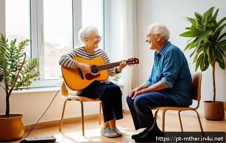 음악테라피사 임상 경험 - A compassionate music therapist in a bright, welcoming clinical room with acoustic panels, gently en...