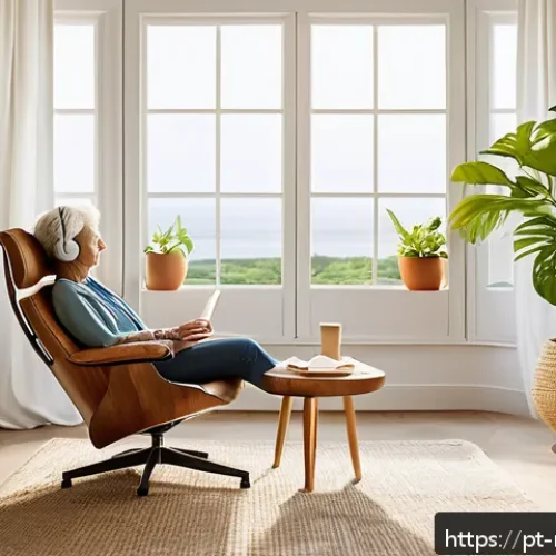 Home 30 음악테라피사 사례 연구 - A serene therapy room with soft natural light filtering through large windows, featuring a middle-ag...