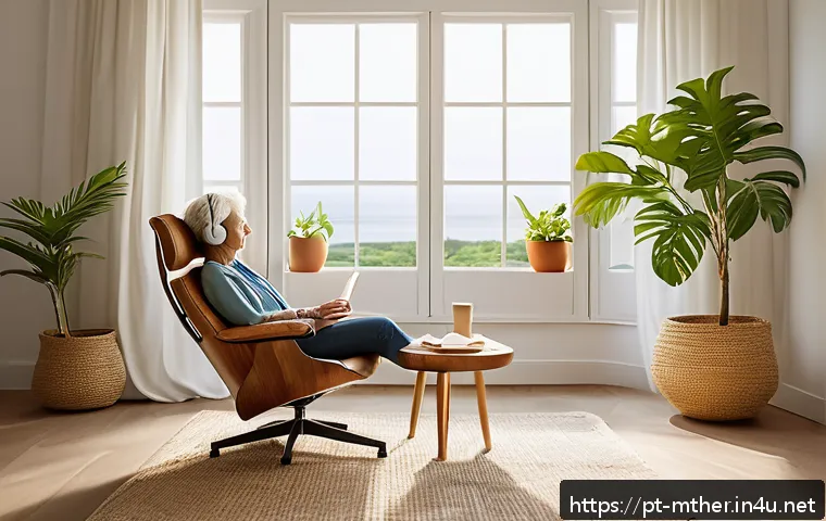 음악테라피사 사례 연구 - A serene therapy room with soft natural light filtering through large windows, featuring a middle-ag...