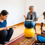 Home 23 음악테라피사 추천 서적 - A warm and inviting therapy room with soft natural lighting, featuring a diverse group of people of ...