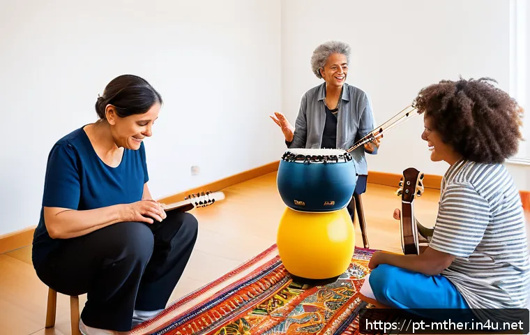 음악테라피사 추천 서적 - A warm and inviting therapy room with soft natural lighting, featuring a diverse group of people of ...