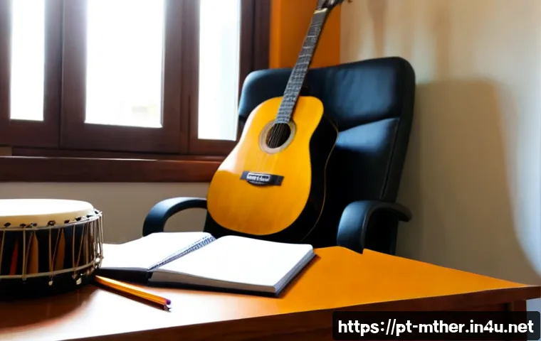 음악테라피사 업무일지 작성법 - Photorealistic music therapist in a bright, welcoming Portuguese clinic office, seated at a tidy woo...